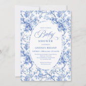 Chic Royal Blue Toile de Jouy Baby Shower Invite Kaart (Voorkant)