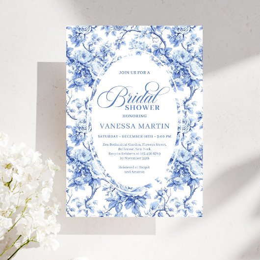Chic Royal Blue Toile de Jouy Bridal Shower Invite Kaart