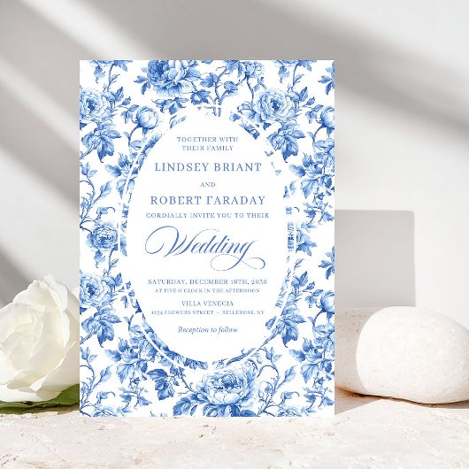 Chic Royal Blue Toile de Jouy Romantic Wedding  Kaart