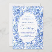 Chic Royal Blue Toile Floral Wedding Invitation Kaart (Voorkant)