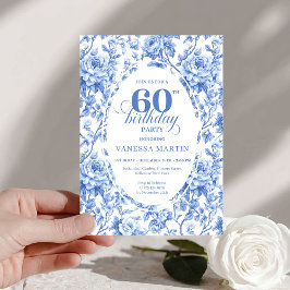 Chic Royal Blue Toile Roses 60th Birthday Invite Kaart