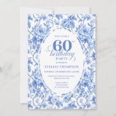 Chic Royal Blue Toile Roses 60th Birthday Invite  Kaart (Voorkant)