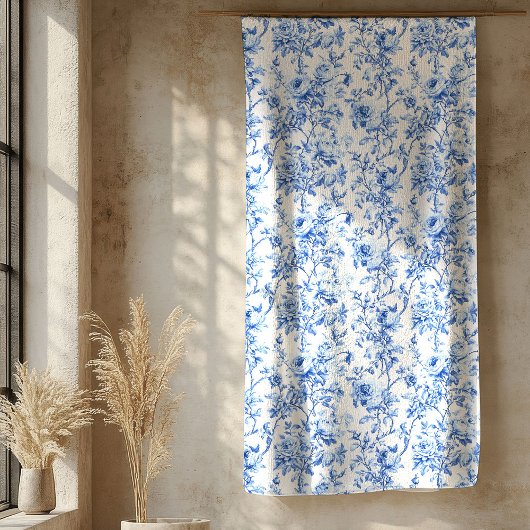 Chic Royal Blue Toile Roses Floral Pattern Soft Sherpa Deken
