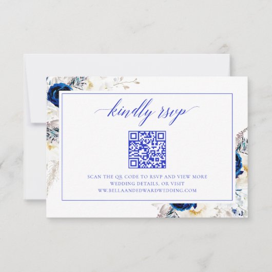 Chic Royal Blue Wedding Website RSVP QR Code Kaart (Voorkant)