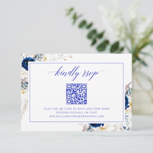 Chic Royal Blue Wedding Website RSVP QR Code Kaart (Staand voorkant)