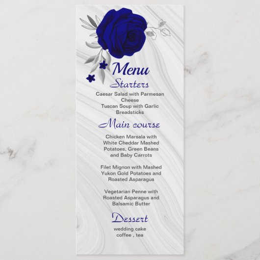 chic royal blue zilver gray floral bruiloft menu (Voorkant)