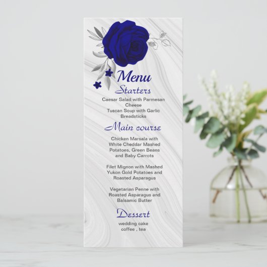 chic royal blue zilver gray floral bruiloft menu (Staand voorkant)