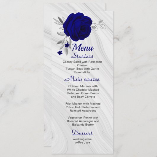 chic royal blue zilver gray floral bruiloft menu (Voorkant / Achterkant)
