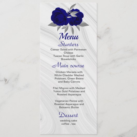 chic royal blue zilver gray floral bruiloft menu (Voorkant)