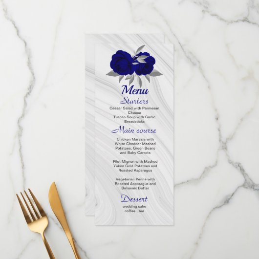 chic royal blue zilver gray floral bruiloft menu (Voorkant / Achterkant in situ)
