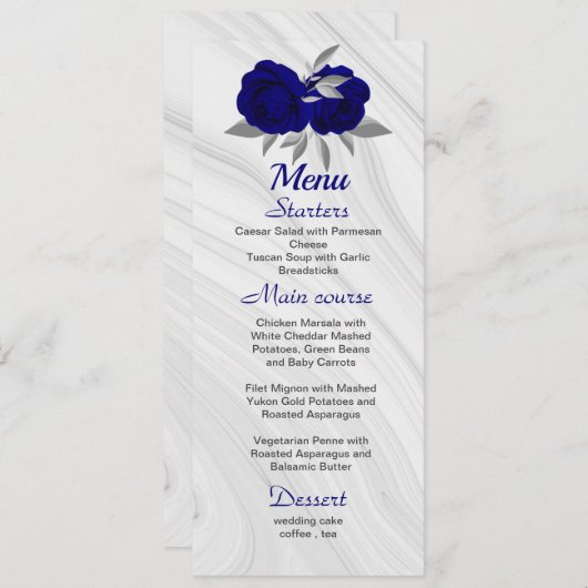 chic royal blue zilver gray floral bruiloft menu (Voorkant / Achterkant)