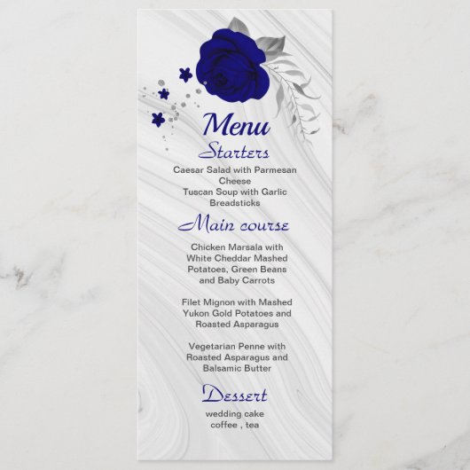 chic royal blue zilver gray floral bruiloft menu (Voorkant)