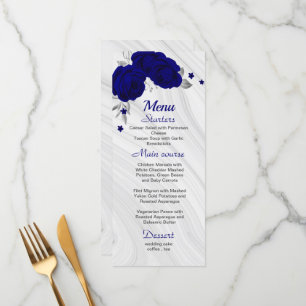 chic royal blue zilver gray floral bruiloft menu