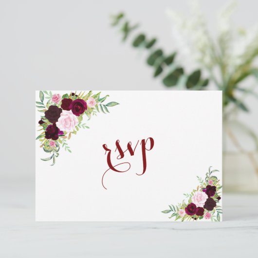 Chic Royal Burgundy Marsala Floral Wedding RSVP (Staand voorkant)