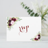 Chic Royal Burgundy Marsala Floral Wedding RSVP Kaartje (Staand voorkant)