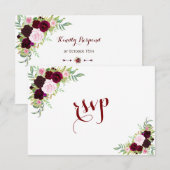 Chic Royal Burgundy Marsala Floral Wedding RSVP Kaartje (Voorkant / Achterkant)