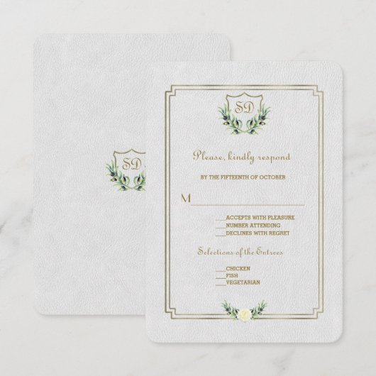 Chic Royal Gold Crest Lush Greenery Wedding RSVP (Voorkant / Achterkant)