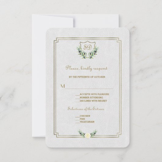 Chic Royal Gold Crest Lush Greenery Wedding RSVP Kaartje (Voorkant)