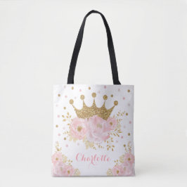 Chic Royal Gold Crown + Blush Pink Floral Princess Tote Bag