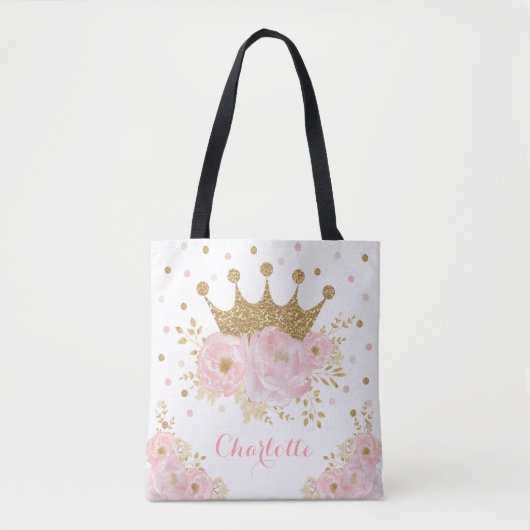 Chic Royal Gold Crown + Blush Pink Floral Princess Tote Bag (Voorkant)