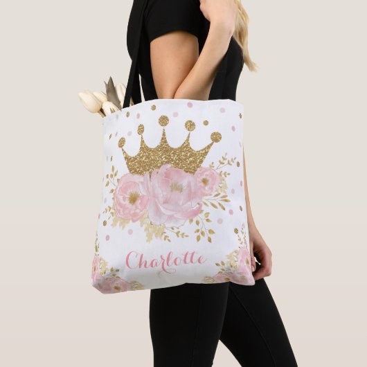 Chic Royal Gold Crown + Blush Pink Floral Princess Tote Bag (Dichtbij)