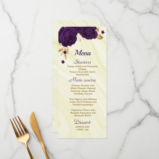 chic royal paars gold floral bruiloft menu (Voorkant / Achterkant in situ)