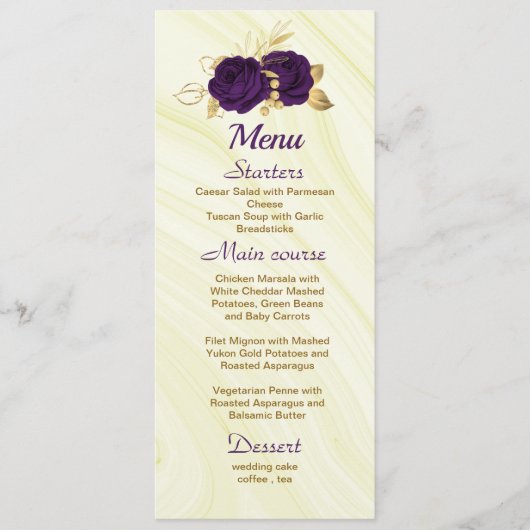 chic royal paars gold floral bruiloft menu (Voorkant)