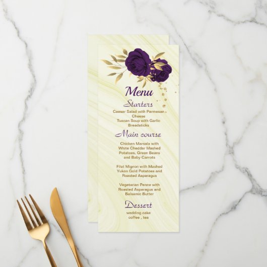 chic royal paars gold floral bruiloft menu (Voorkant / Achterkant in situ)