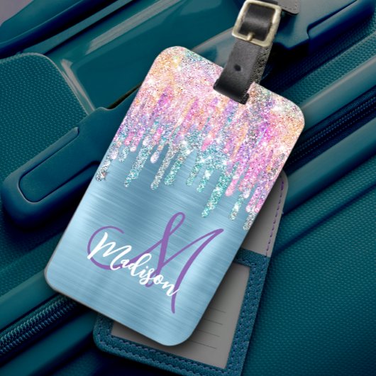 Chic roze aqua unicorn dripping glitter monogram bagagelabel