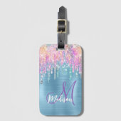 Chic roze aqua unicorn dripping glitter monogram bagagelabel (Voorkant (verticaal))