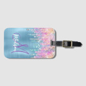 Chic roze aqua unicorn dripping glitter monogram bagagelabel (Voorkant (horizontaal))