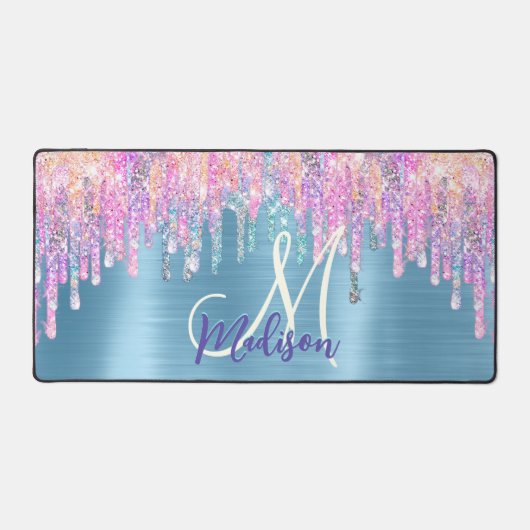 Chic roze aqua unicorn dripping glitter monogram bureaumat (Voorkant)