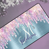 Chic roze aqua unicorn dripping glitter monogram bureaumat