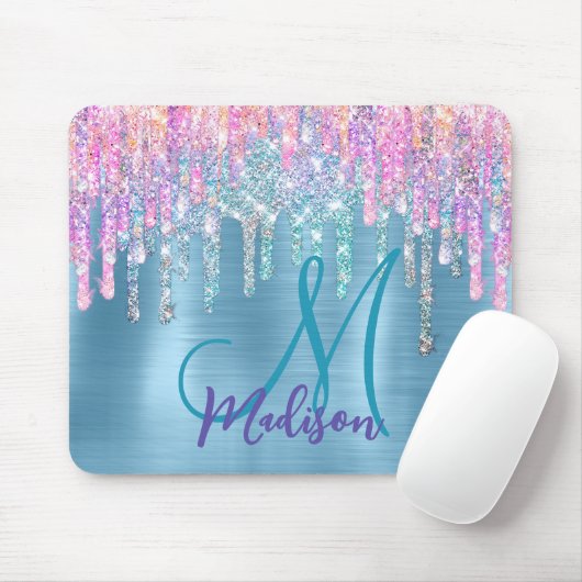 Chic roze aqua unicorn dripping glitter monogram muismat (Met muis)