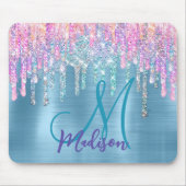 Chic roze aqua unicorn dripping glitter monogram muismat (Voorkant)