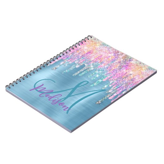 Chic roze aqua unicorn dripping glitter monogram notitieboek (Linkerzijde)
