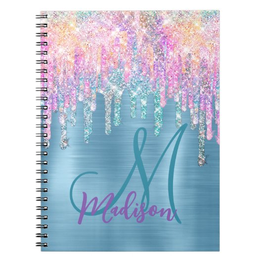 Chic roze aqua unicorn dripping glitter monogram notitieboek (Voorkant)