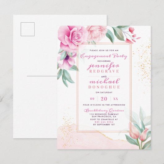 Chic Roze Aquarelle Rozen Bloemen Verlovingsfeest Uitnodiging Briefkaart (Voorkant / Achterkant)