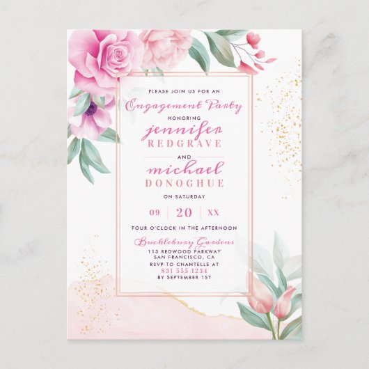 Chic Roze Aquarelle Rozen Bloemen Verlovingsfeest Uitnodiging Briefkaart (Voorkant)