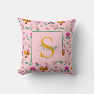 Chic Roze Bij en Bloemendesign Naam & Monogram Kussen