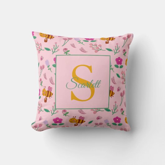 Chic Roze Bij en Bloemendesign Naam & Monogram Kussen (Voorkant)