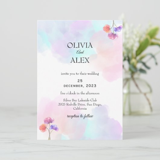 Chic Roze & Blauw bruiloft uitnodigingen (Staand voorkant)