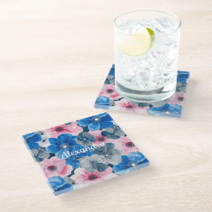Chic Roze Blauwe Bloemen Glazen Onderzetter