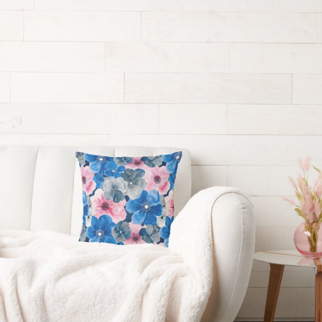 Chic Roze Blauwe Bloemen Kussen (Bank)