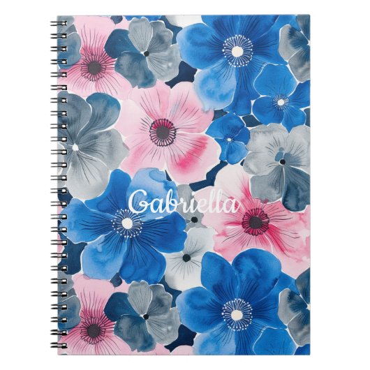Chic Roze Blauwe Bloemen Notitieboek (Voorkant)