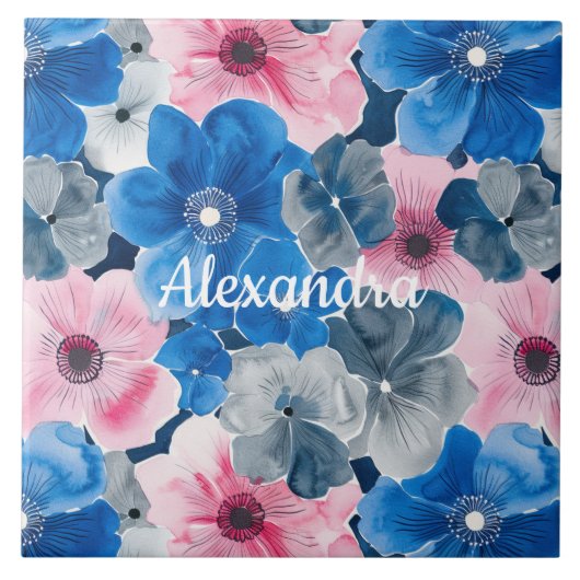 Chic Roze Blauwe Bloemen Tegeltje (Voorkant)