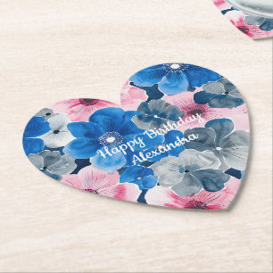 Chic Roze Blauwe Bloemen Verjaardag Kartonnen Onderzetters