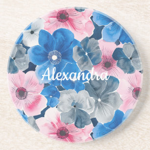 Chic Roze Blauwe Bloemen Zandsteen Onderzetter