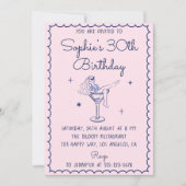 Chic roze & blauwe Martini Glas 30e verjaardag Kaart (Voorkant)