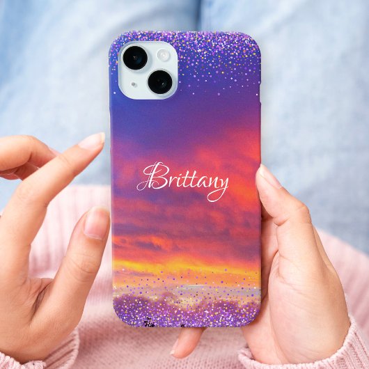 Chic roze blauwe zonnefoto confetti custom script Case-Mate iPhone case